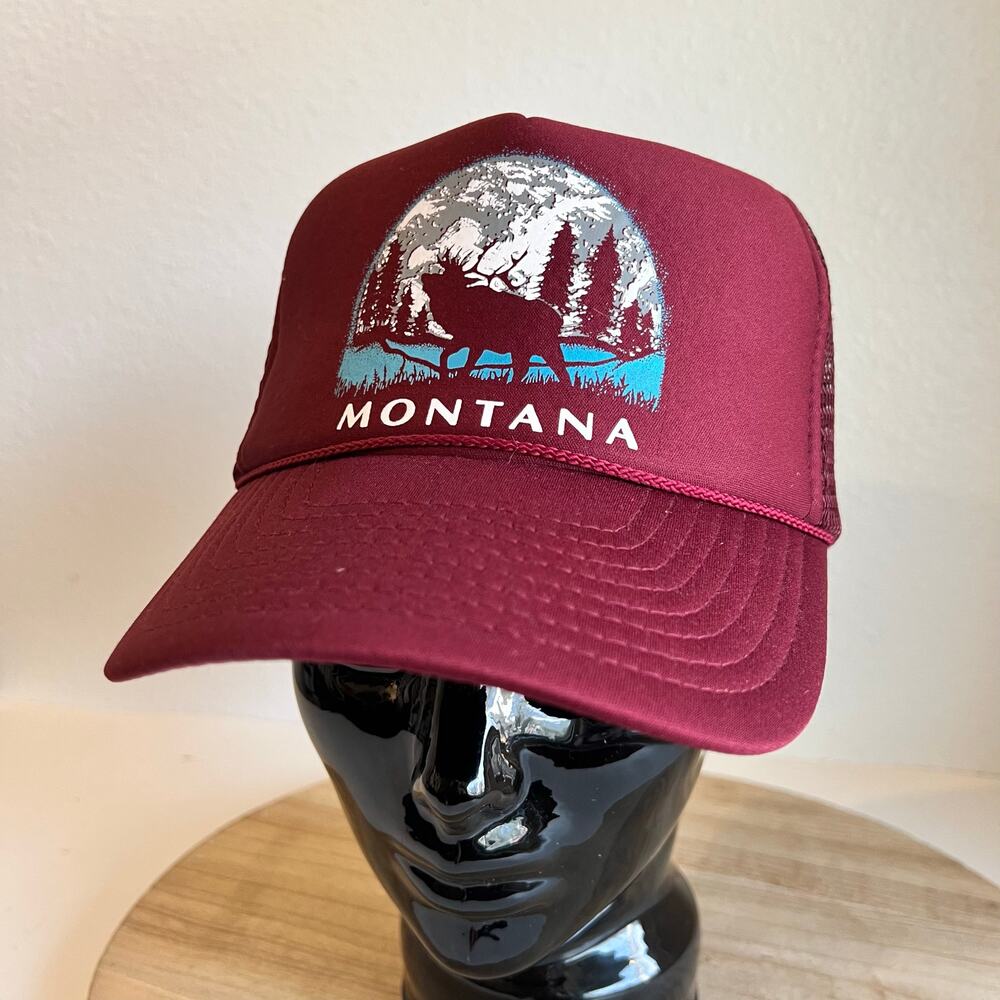 90s Maroon Vintage Montana Graphic Trucker Style Cap Hat Size One Size